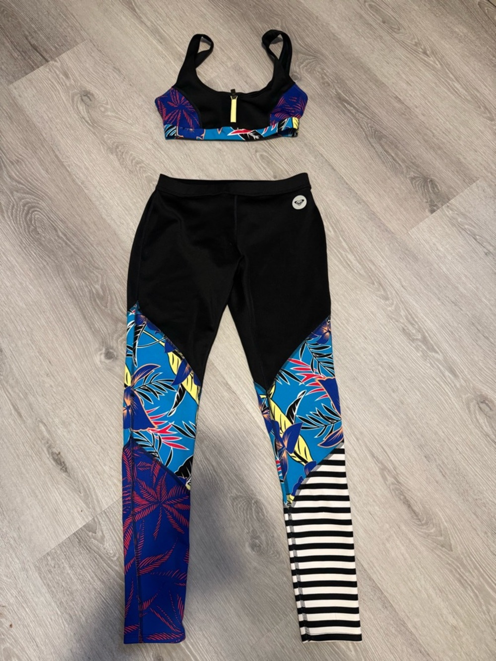 Roxy Women's Black Swim Top and Leggings Set with Blue Tropical Print
